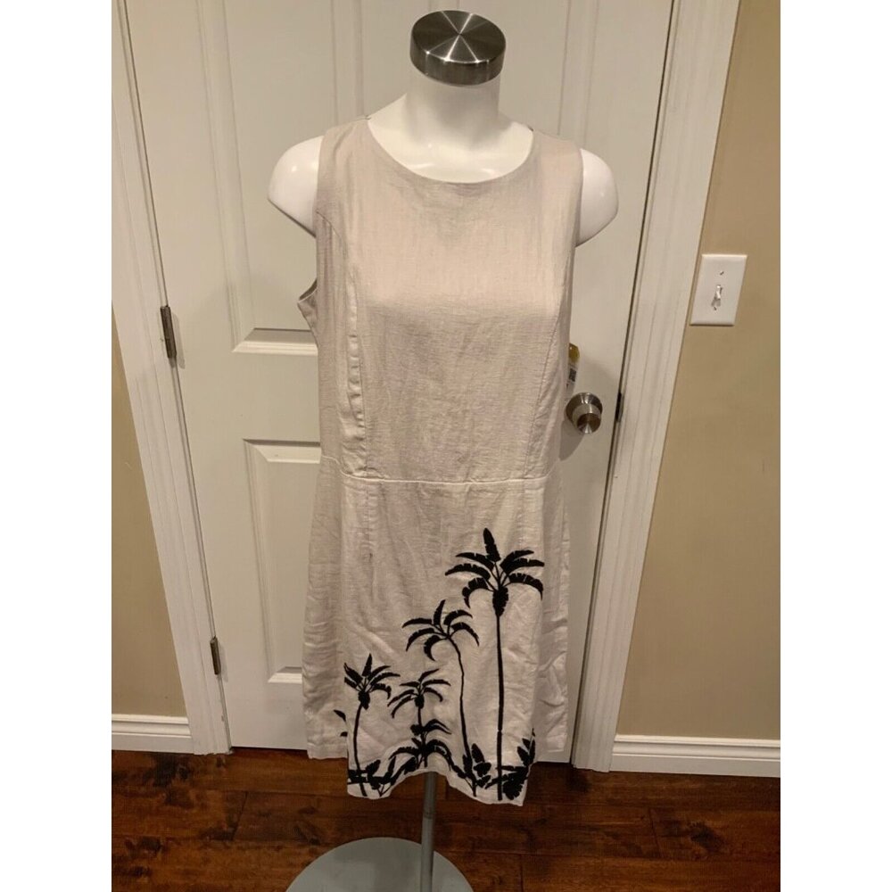 J Jason Wu Tan W/ Black Palm Tree Embroidery Sleeveless Dress, Size 12